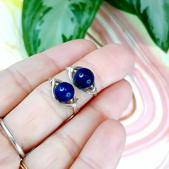 Lapis Lazuli Gemstone Beaded Wire Ring, Crystal Dainty Chic Cute Silver - Picture 3 of 3